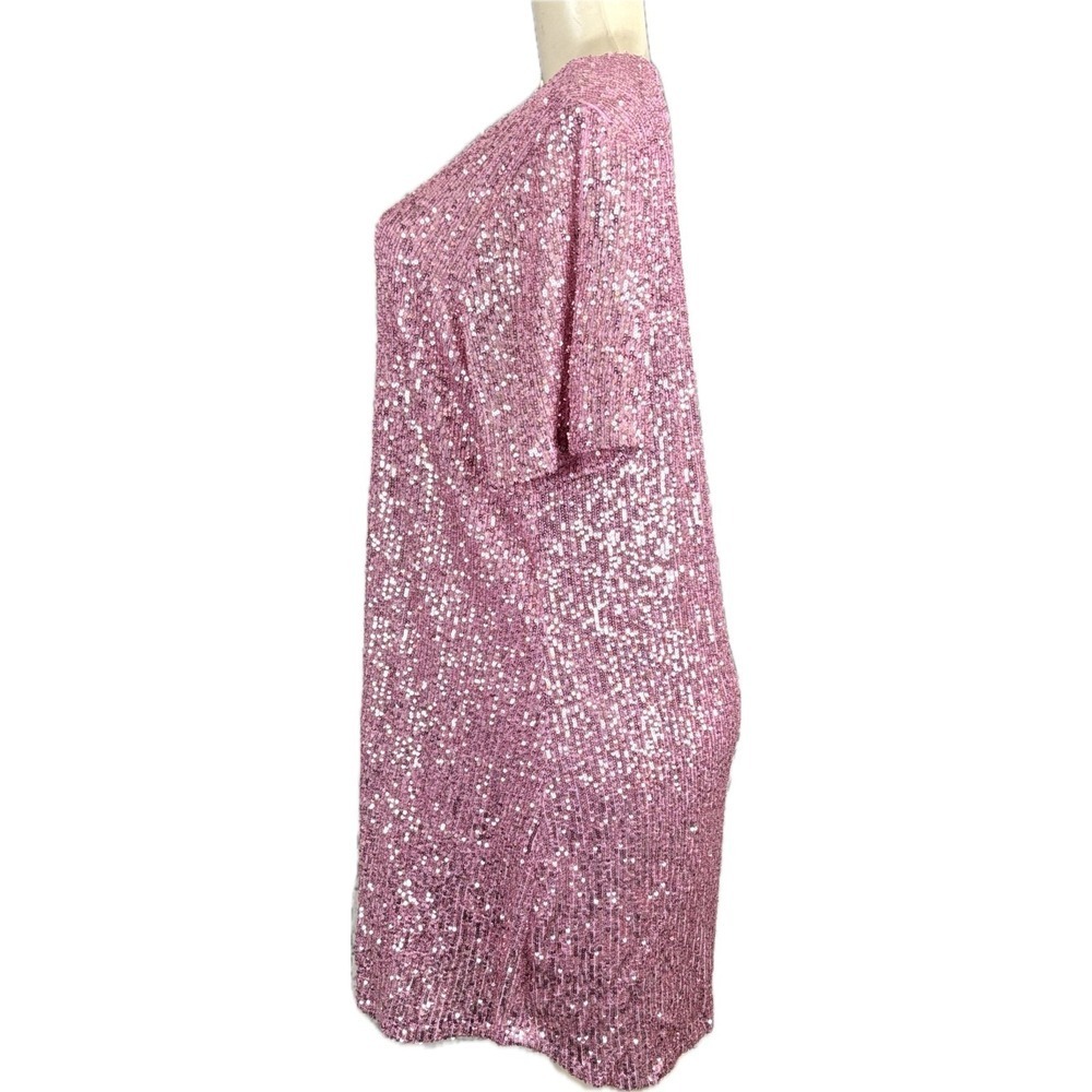 Betsey Johnson XXL Pink Mesh Sequin Crew Neckline Short Sleeve Shift Mini Dress - Picture 5 of 7